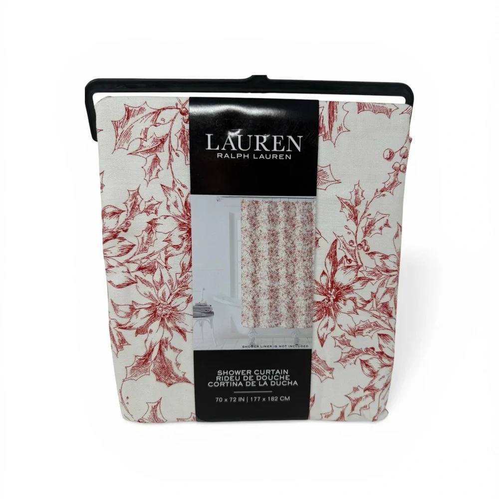 Lauren Ralph Lauren Red White Floral Cotton Shower Curtain Poinsettias NWT